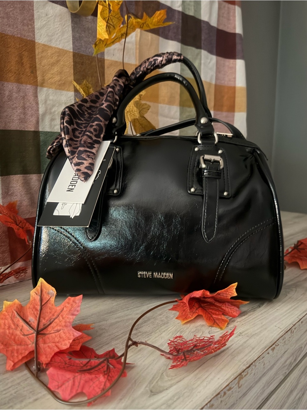 Steve Madden Black Patent Dome Satchel with Scarf Accent